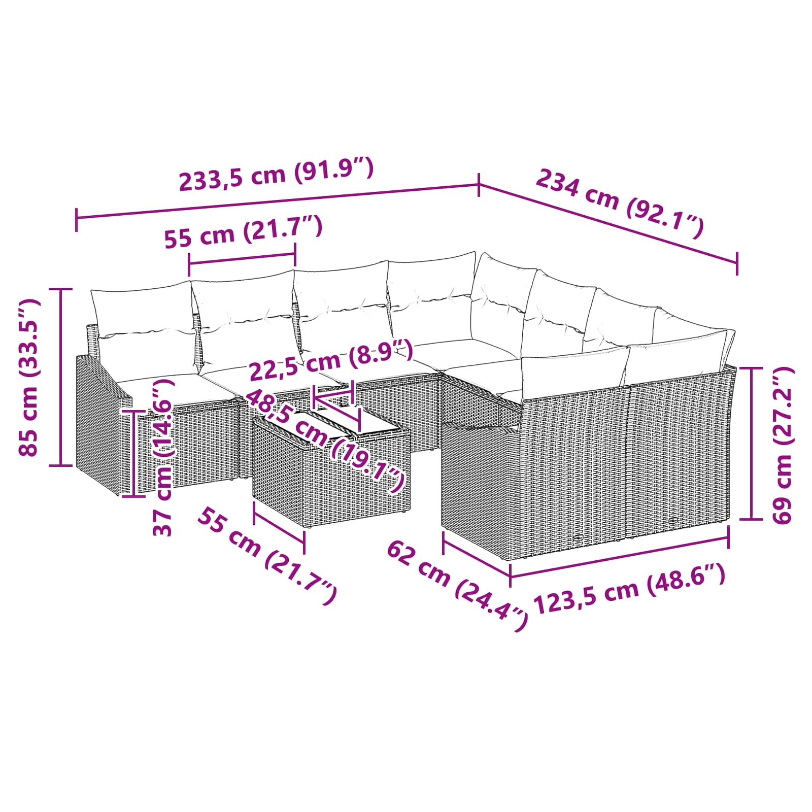 Set di divani 9 pz 3-Numero di posti Marrone e Rosso polyrattan | homemem39
