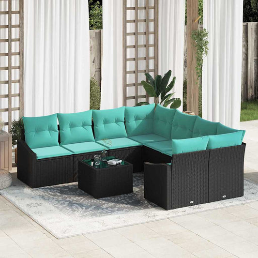 Set di divani con cuscino 9 pcs Nero e Turchese polyrattan