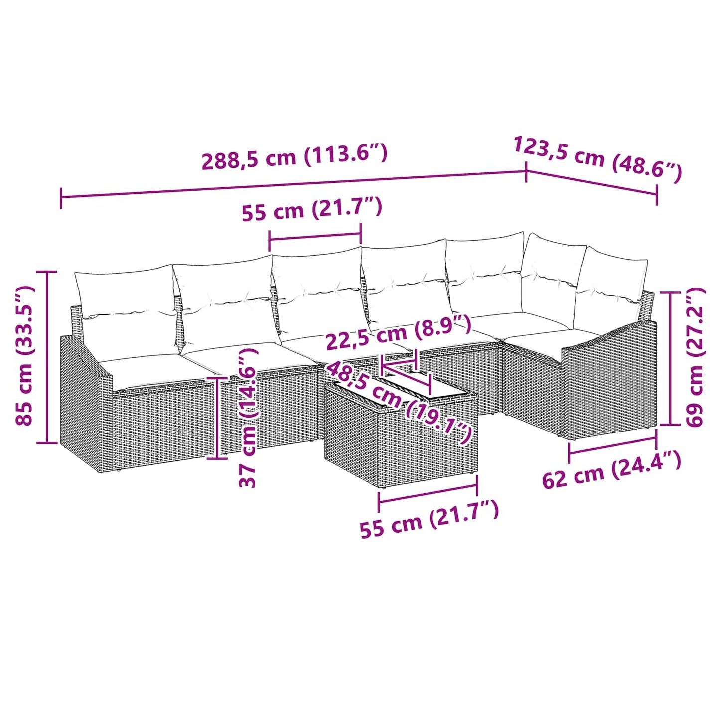 Set di divani con cuscino 7 pcs Nero polyrattan | homemem39