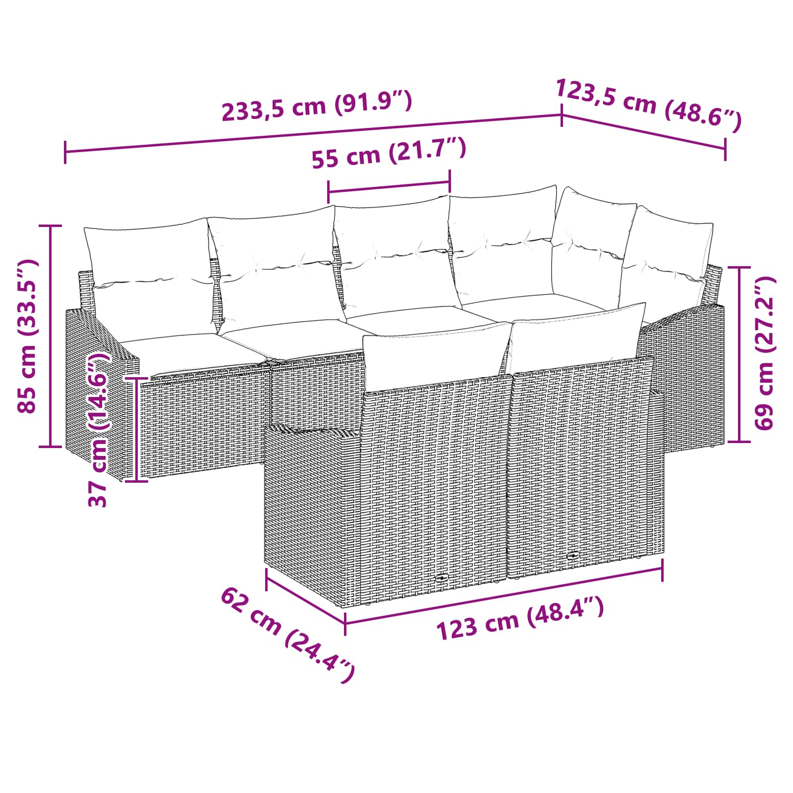 Set di divani con cuscino 7 pcs Nero polyrattan | homemem39