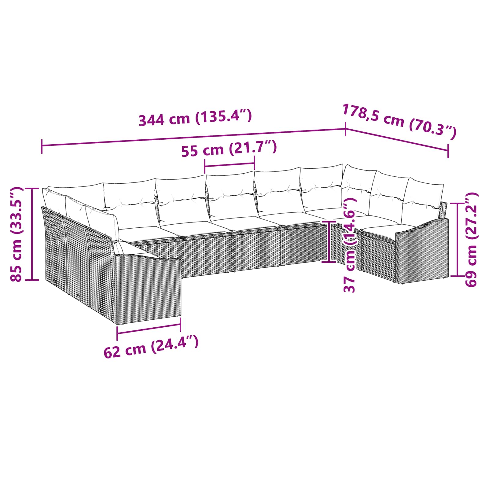 Set di divani con cuscino 10 pcs Nero polyrattan | homemem39