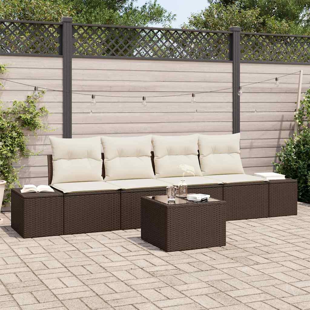 Set di divani con cuscino 5 pcs Marrone e Crema polyrattan | homemem39