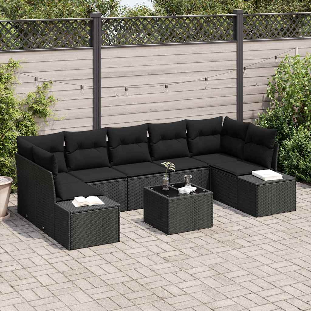 Set Divano da Giardino con cuscino 8 pcs Nero polyrattan | homemem39