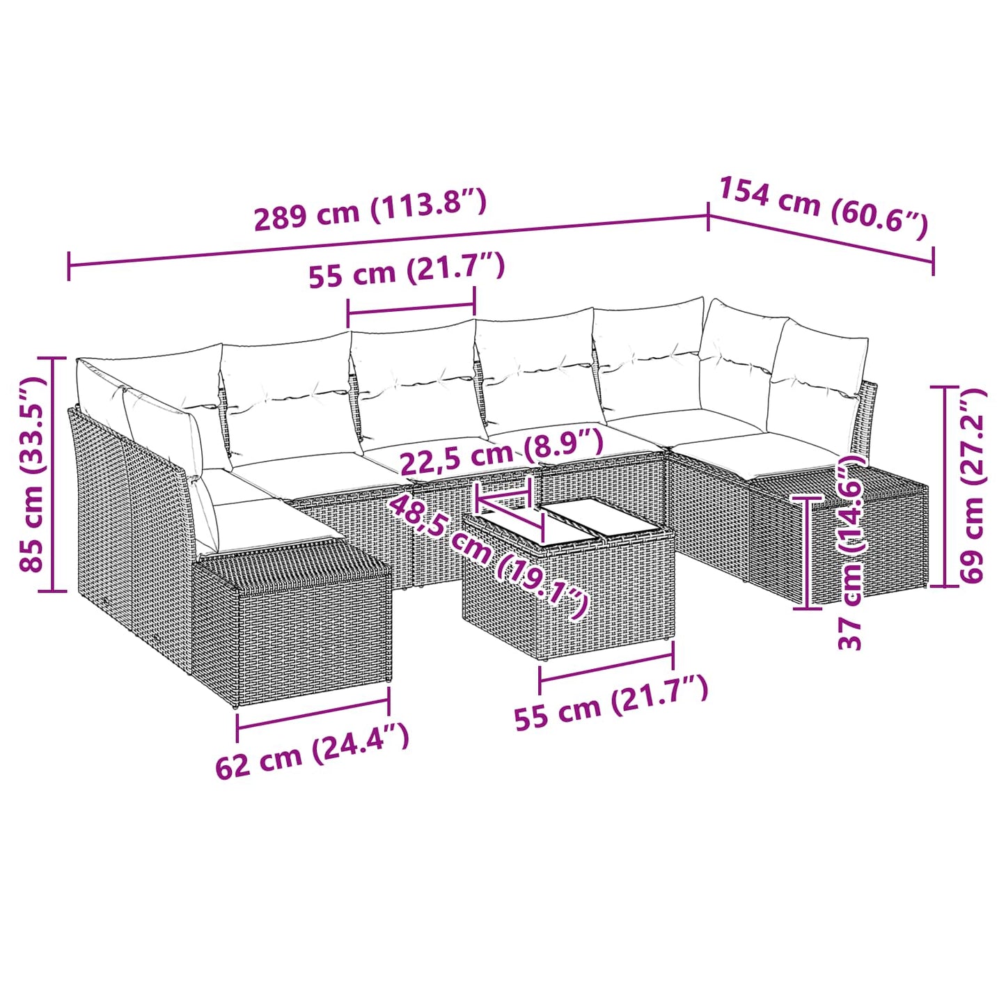 Set Divano da Giardino con cuscino 8 pcs Marrone polyrattan | homemem39