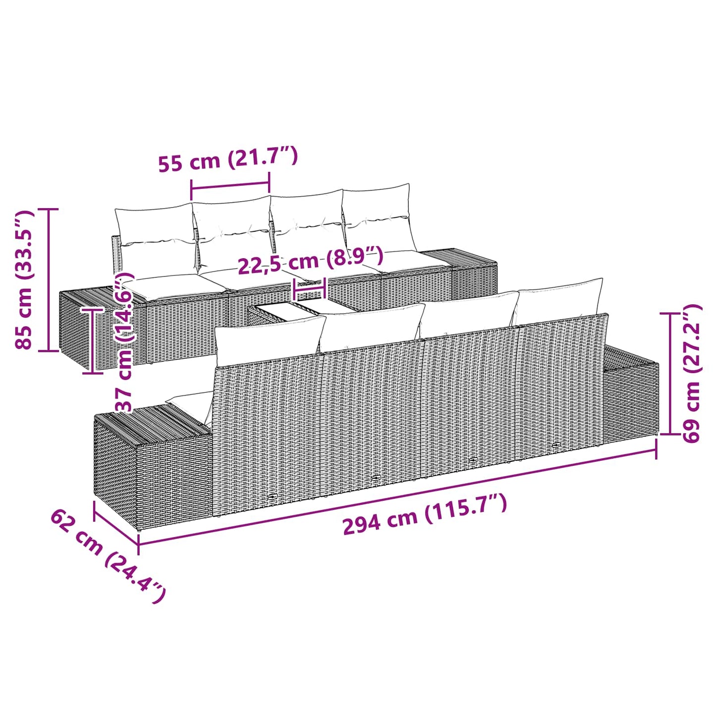 Set Divano da Giardino con cuscino 9 pcs Marrone polyrattan