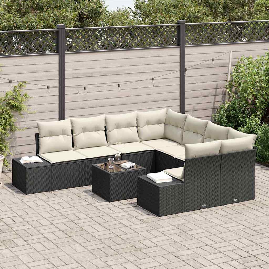 Set Divano da Giardino con cuscino 9 pcs Nero polyrattan | homemem39