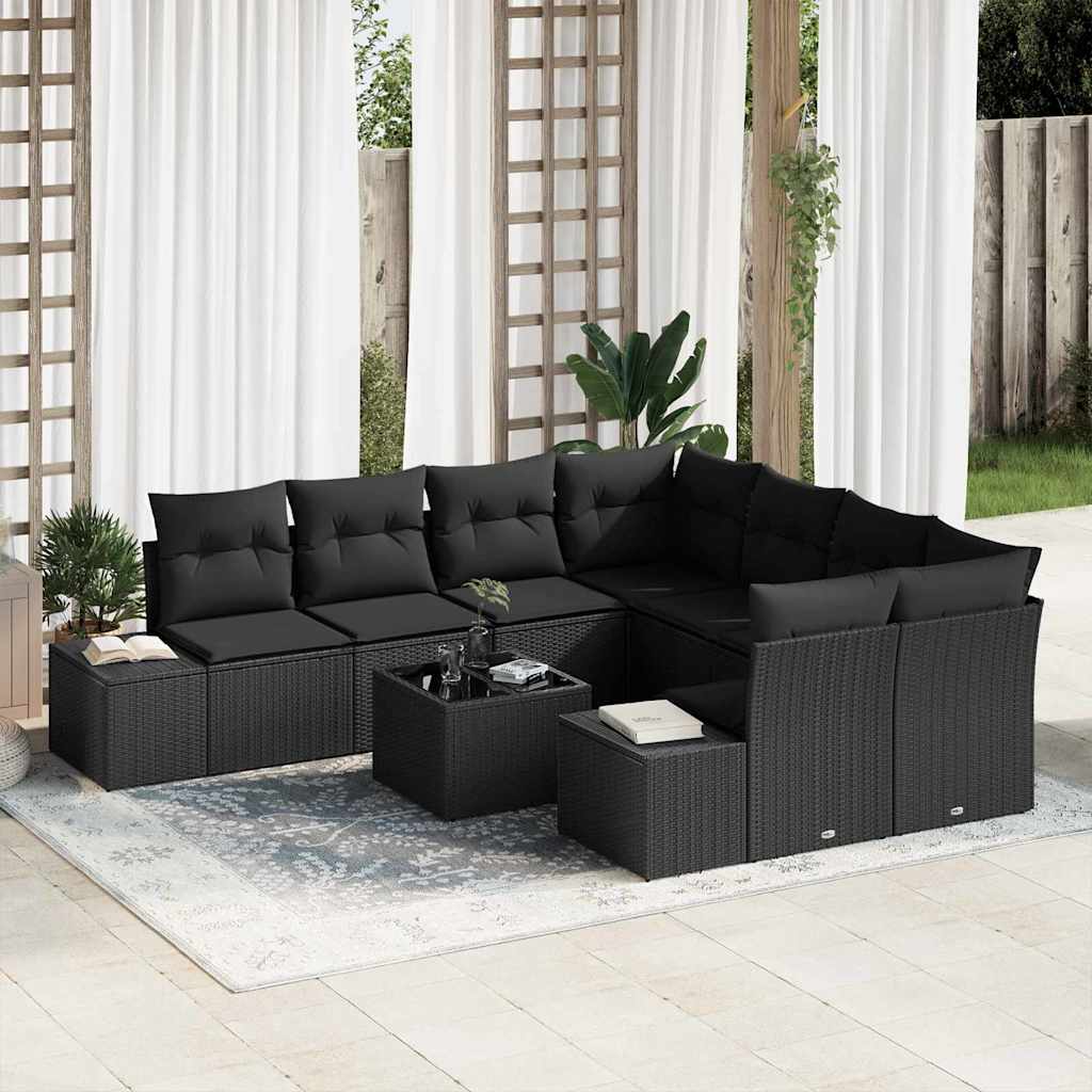 Set Divano da Giardino con cuscino 9 pcs Nero polyrattan | homemem39