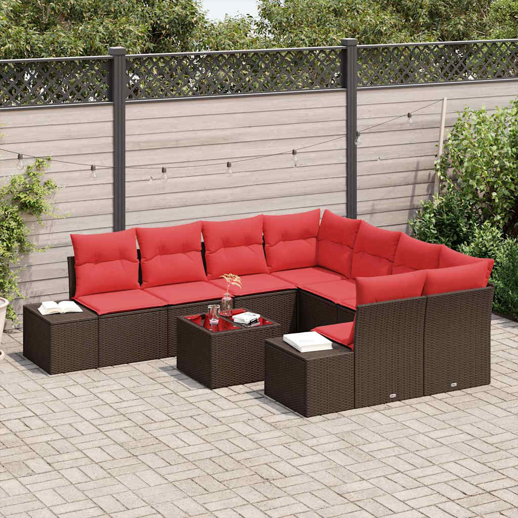 Set Divano da Giardino con cuscino 9 pcs Marrone polyrattan