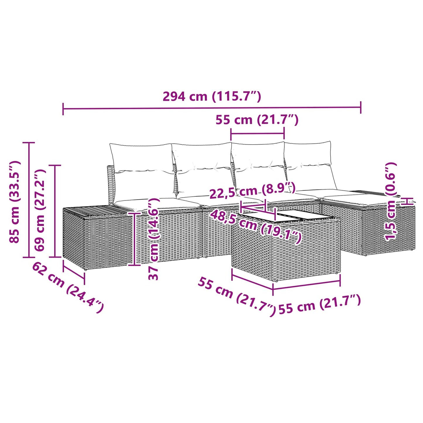 Set Divano da Giardino con cuscino 6 pcs Marrone polyrattan