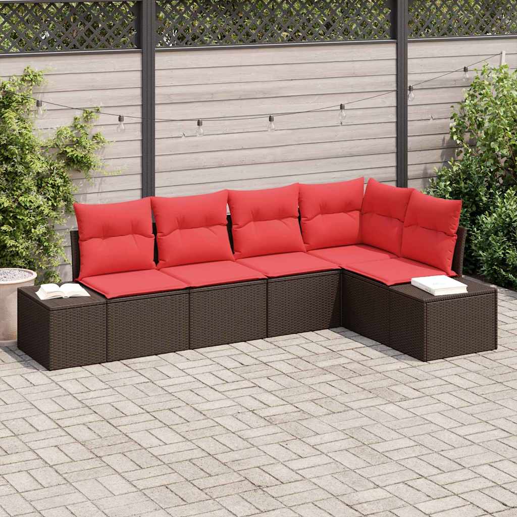 Set Divano da Giardino con cuscino 5 pcs Marrone polyrattan