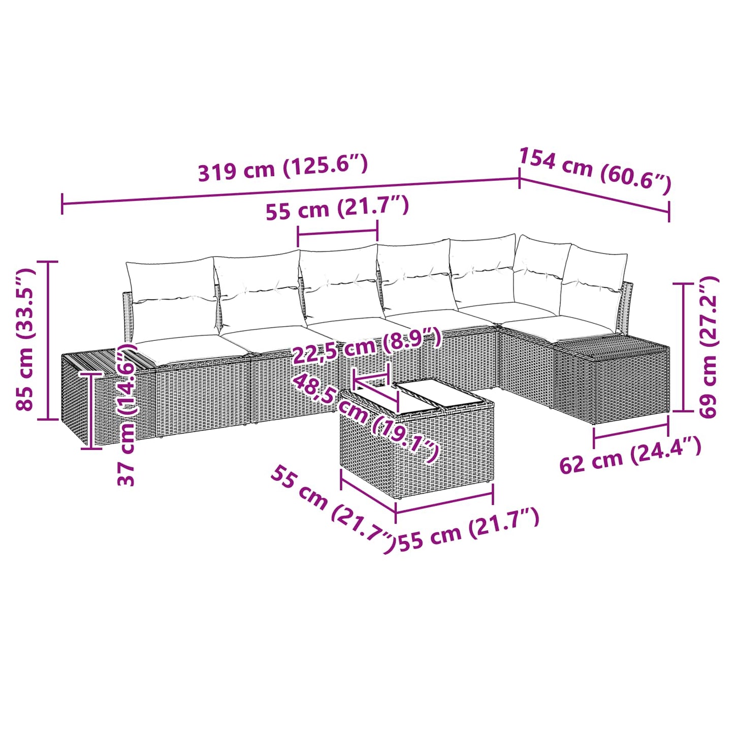 Set Divano da Giardino con cuscino 7 pcs Marrone polyrattan | homemem39