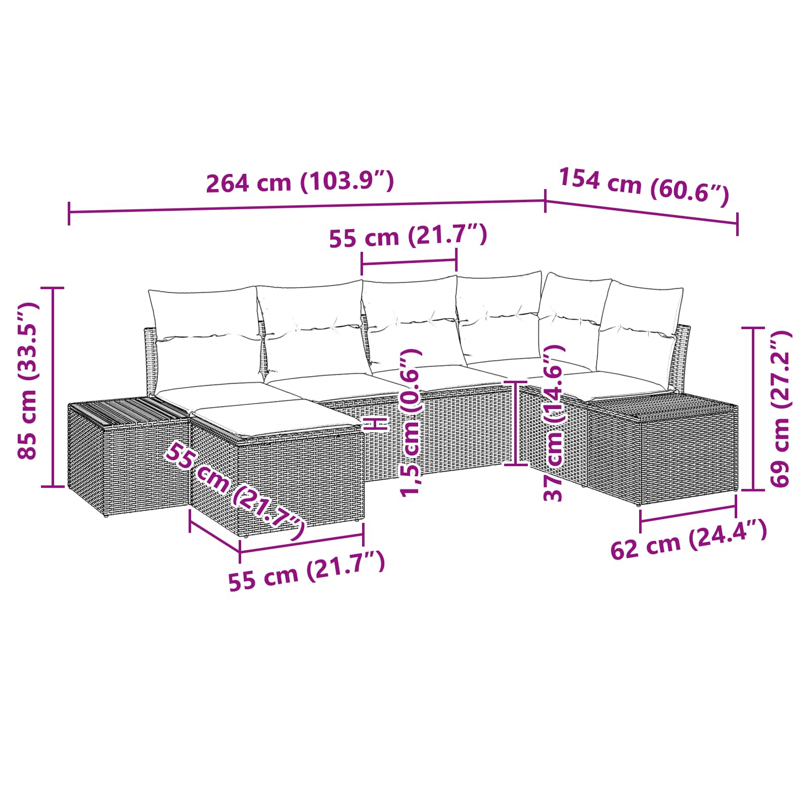 Set Divano da Giardino con cuscino 6 pcs Marrone polyrattan | homemem39
