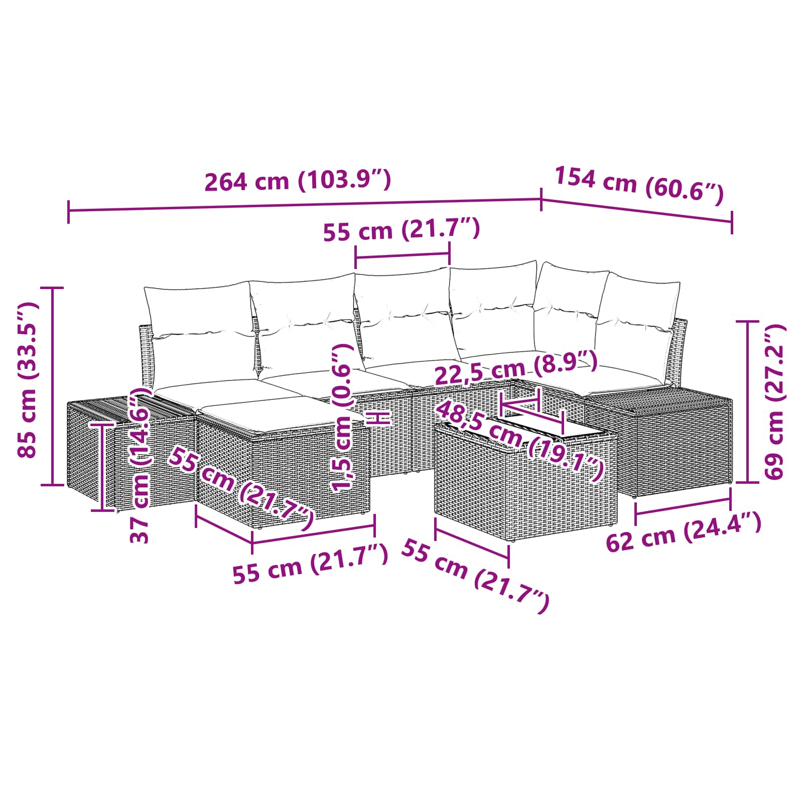 Set Divano da Giardino con cuscino 7 pcs Marrone polyrattan | homemem39