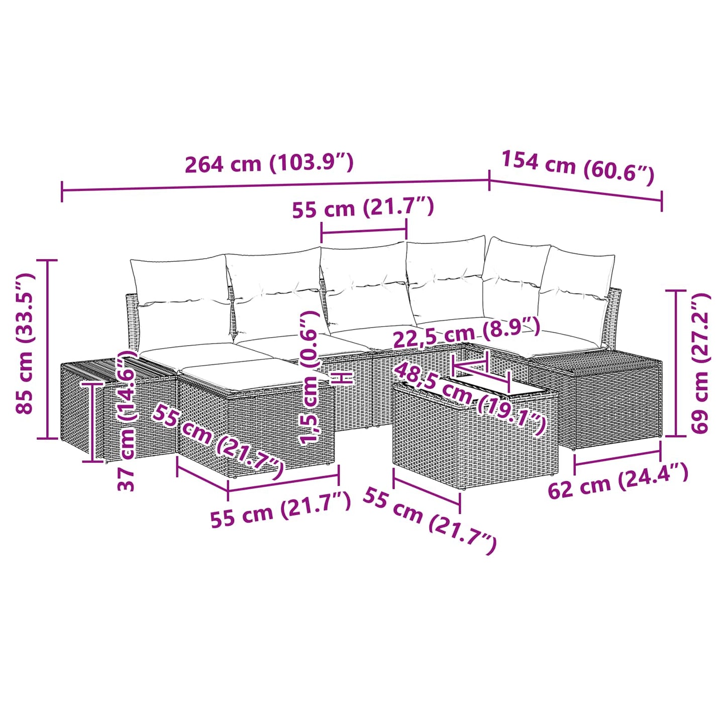 Set Divano da Giardino 7 pz Nero polyrattan | homemem39