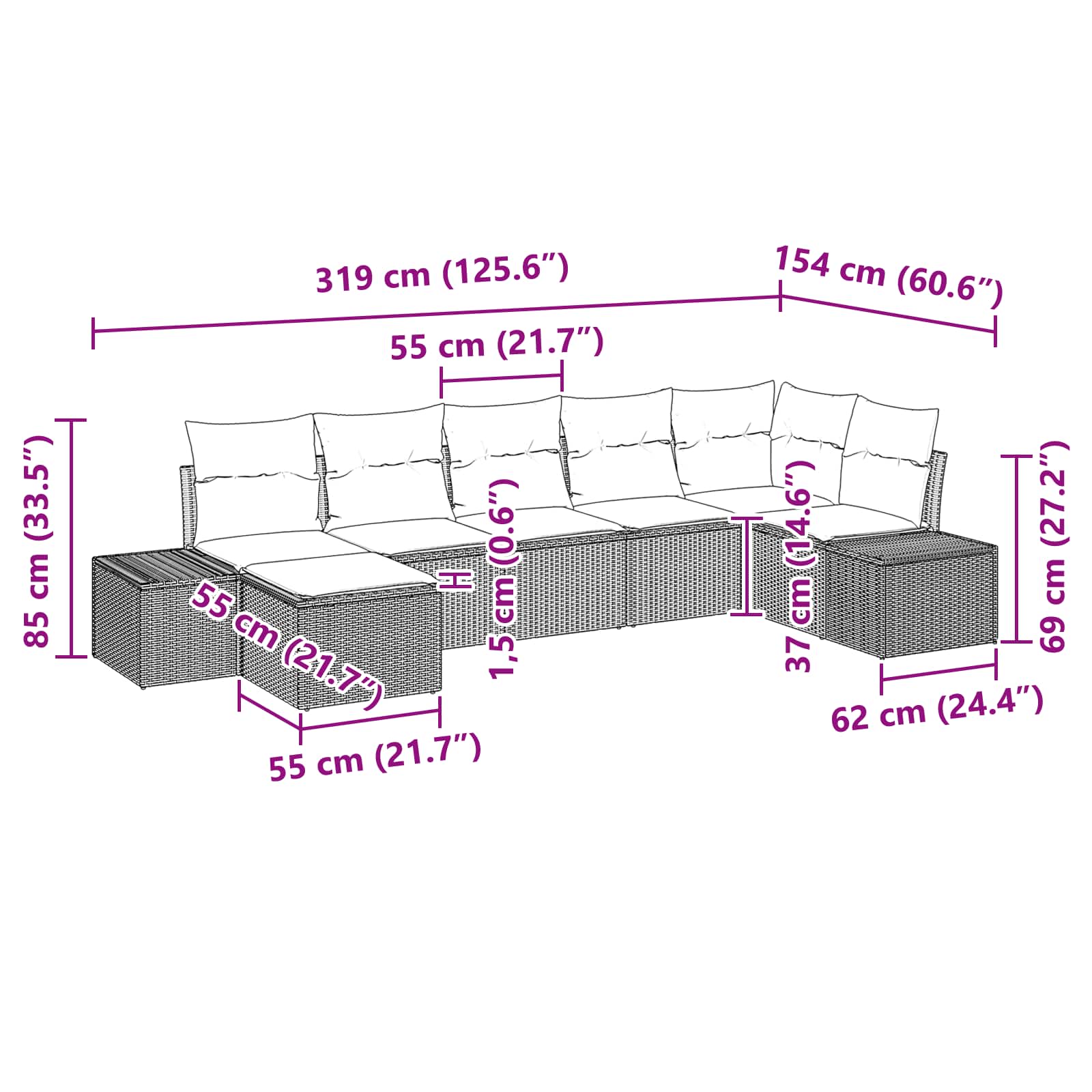 Set Divano da Giardino 7 pz Nero polyrattan | homemem39