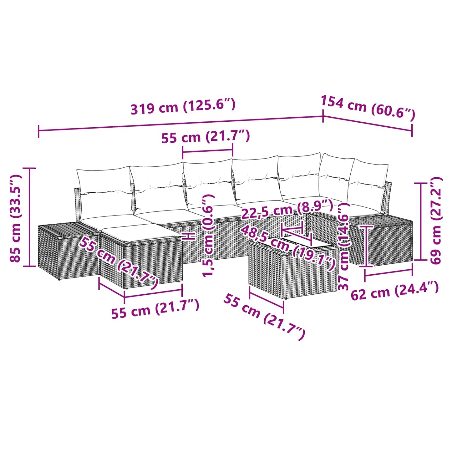Set Divano da Giardino con cuscino 8 pcs Marrone polyrattan | homemem39