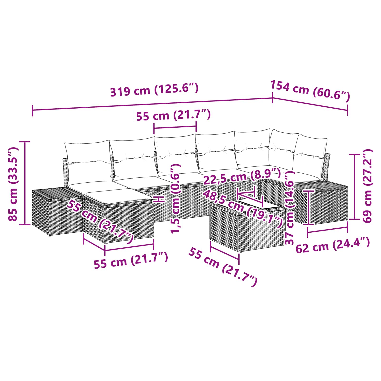 Set Divano da Giardino con cuscino 8 pcs Marrone polyrattan | homemem39