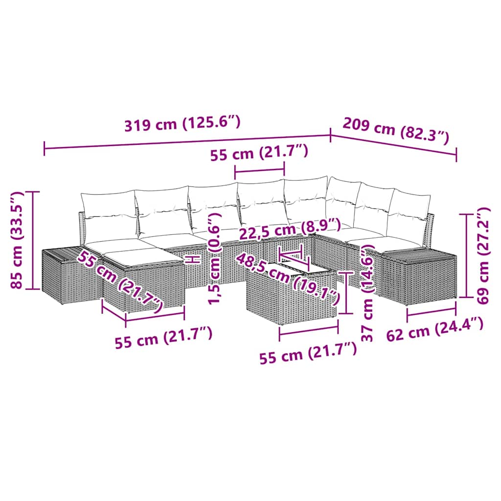 Set Divano da Giardino con cuscino 9 pcs Marrone polyrattan | homemem39