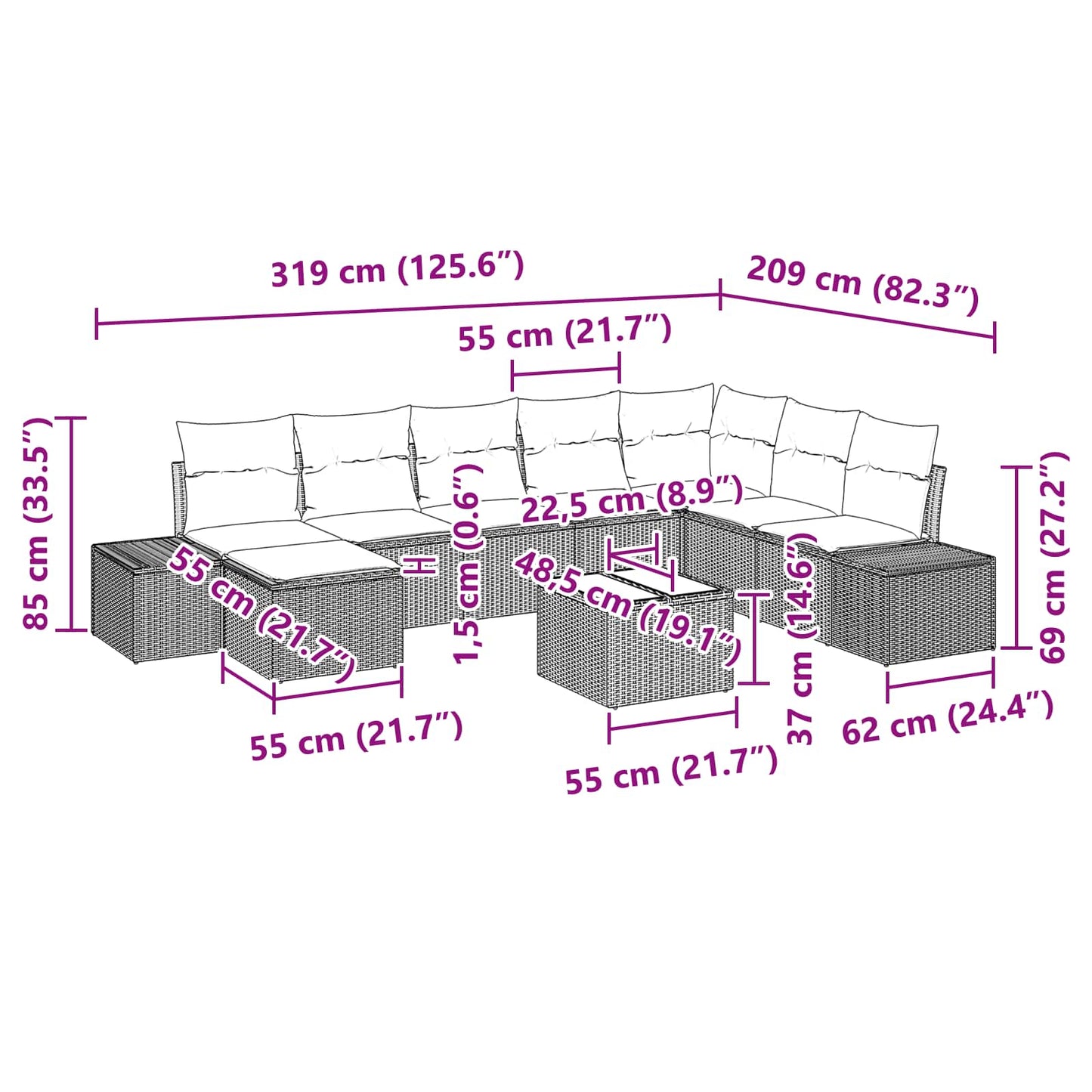 Set Divano da Giardino con cuscino 9 pcs Marrone polyrattan | homemem39
