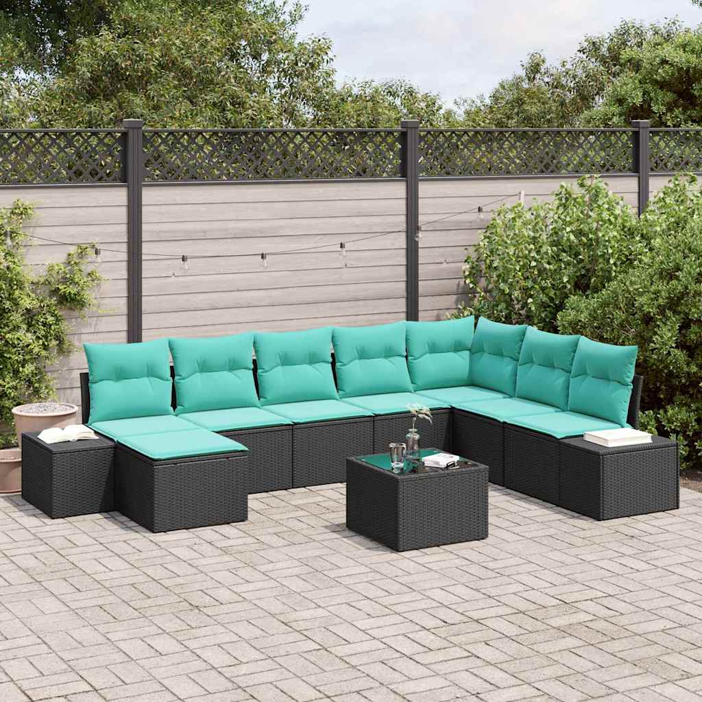 Set Divano da Giardino 9 pz Nero polyrattan