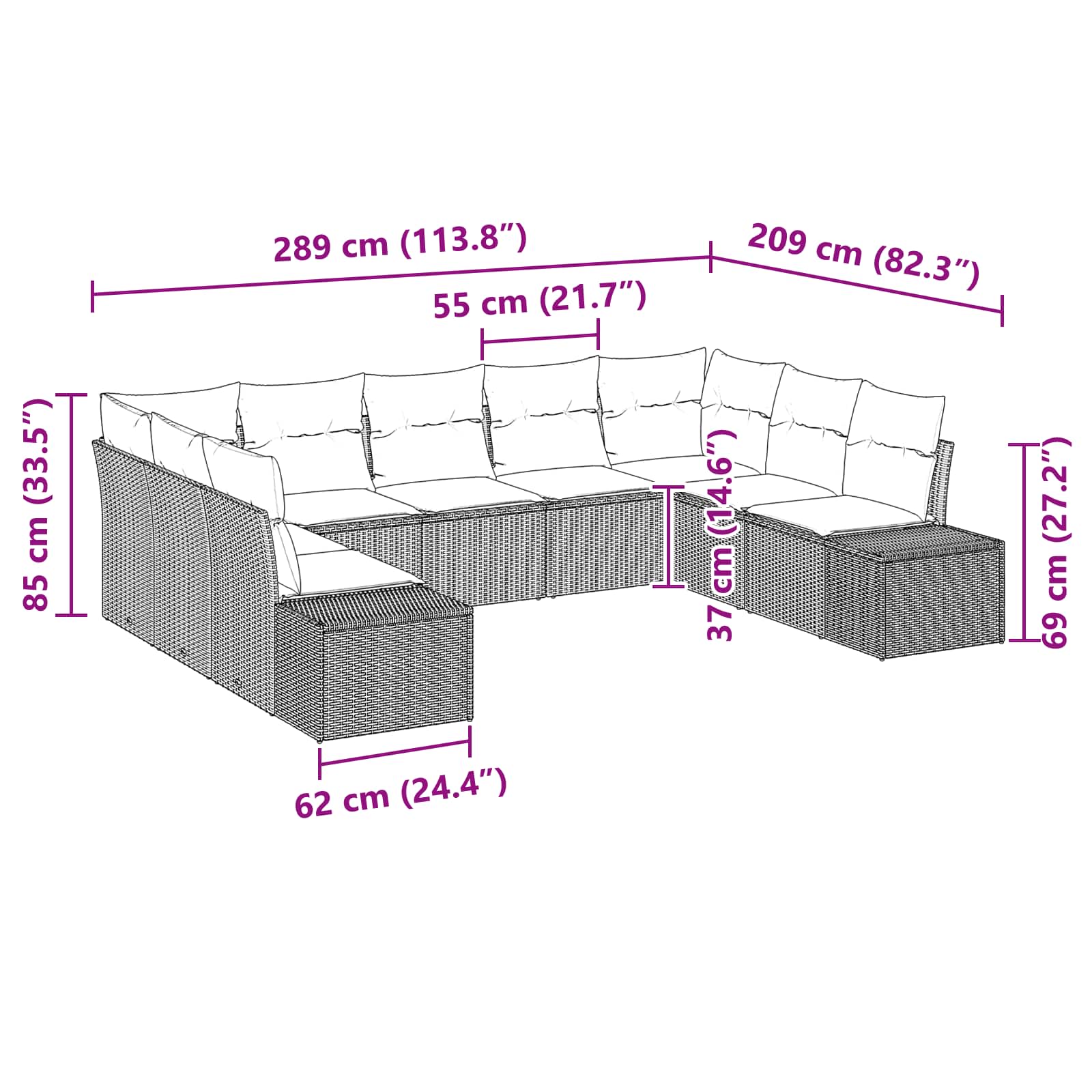 Set Divano da Giardino 9 pz Nero polyrattan | homemem39