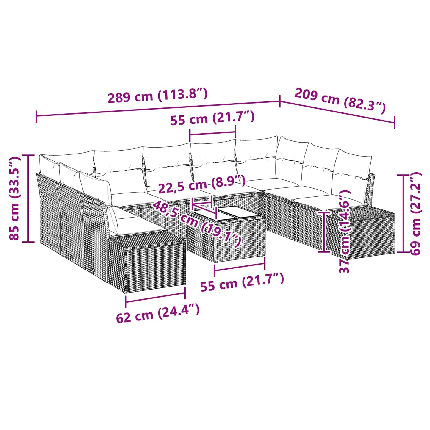 Set Divano da Giardino con cuscino 10 pcs Marrone polyrattan | homemem39