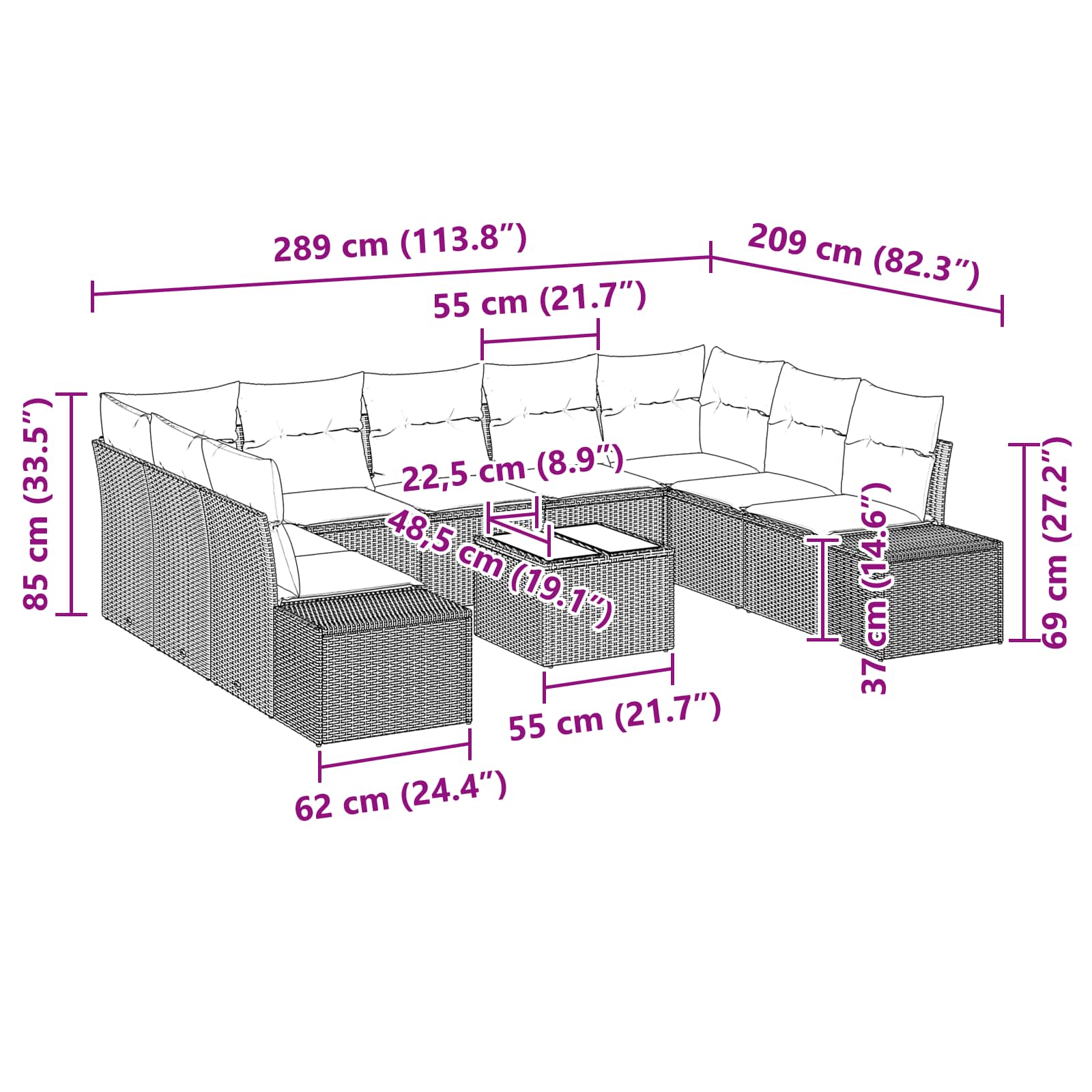 Set Divano da Giardino 10 pz Nero polyrattan | homemem39