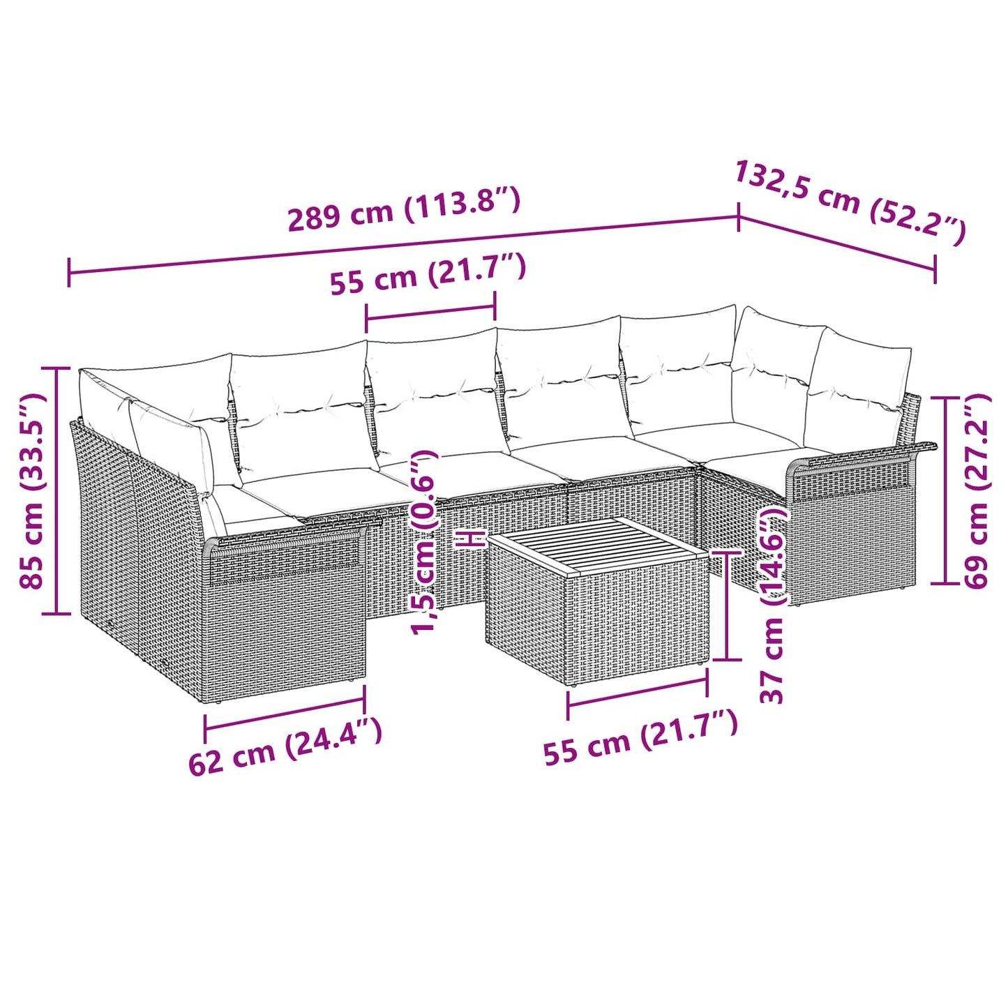 Set Divano da Giardino con cuscino 8 pcs Nero polyrattan