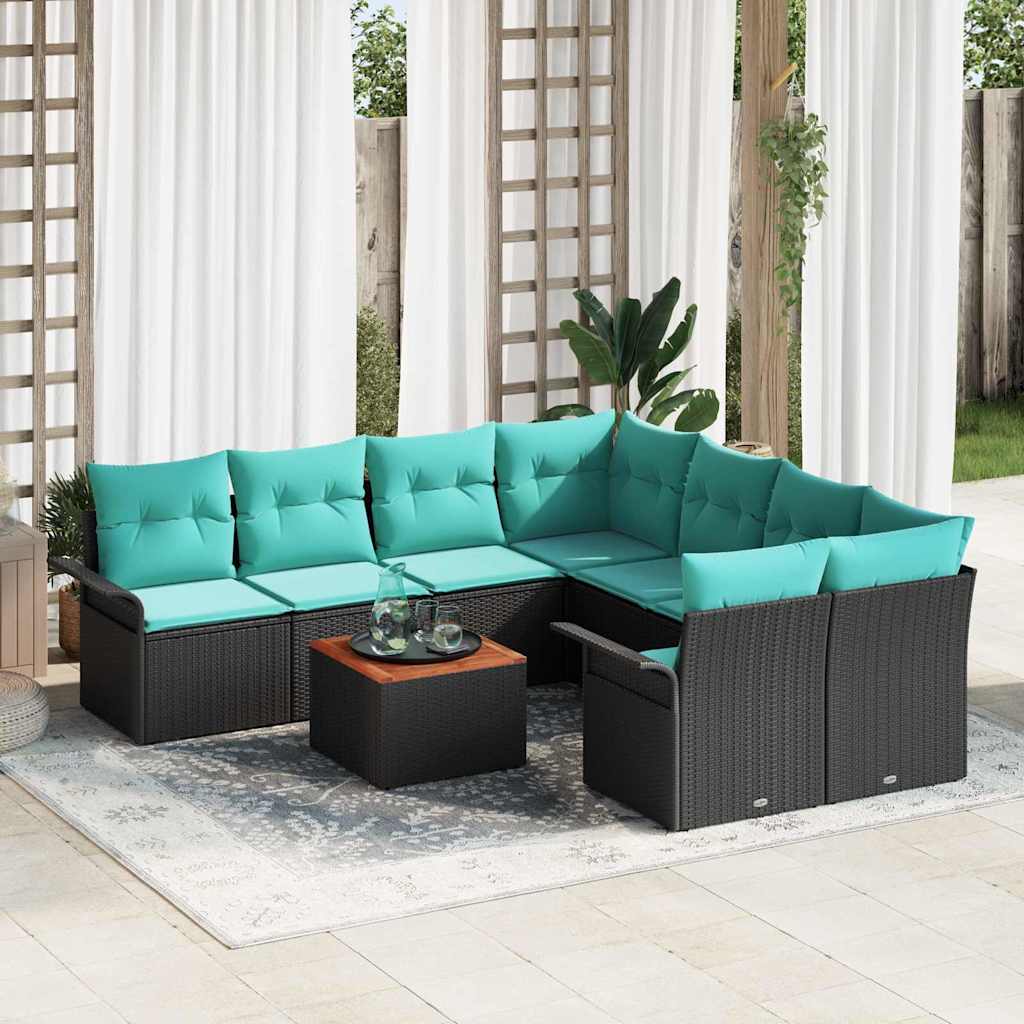 Set Divano da Giardino con cuscino 9 pcs Nero polyrattan | homemem39