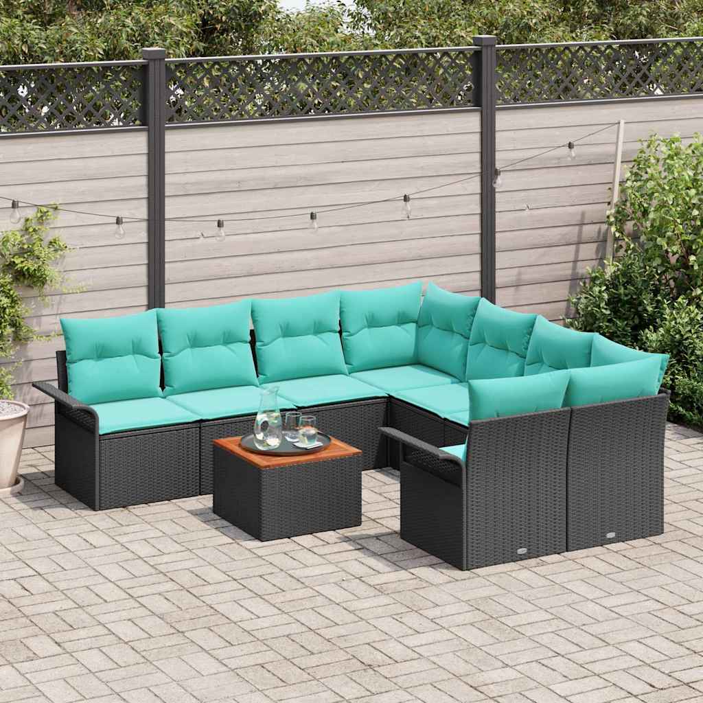 Set Divano da Giardino con cuscino 9 pcs Nero polyrattan | homemem39