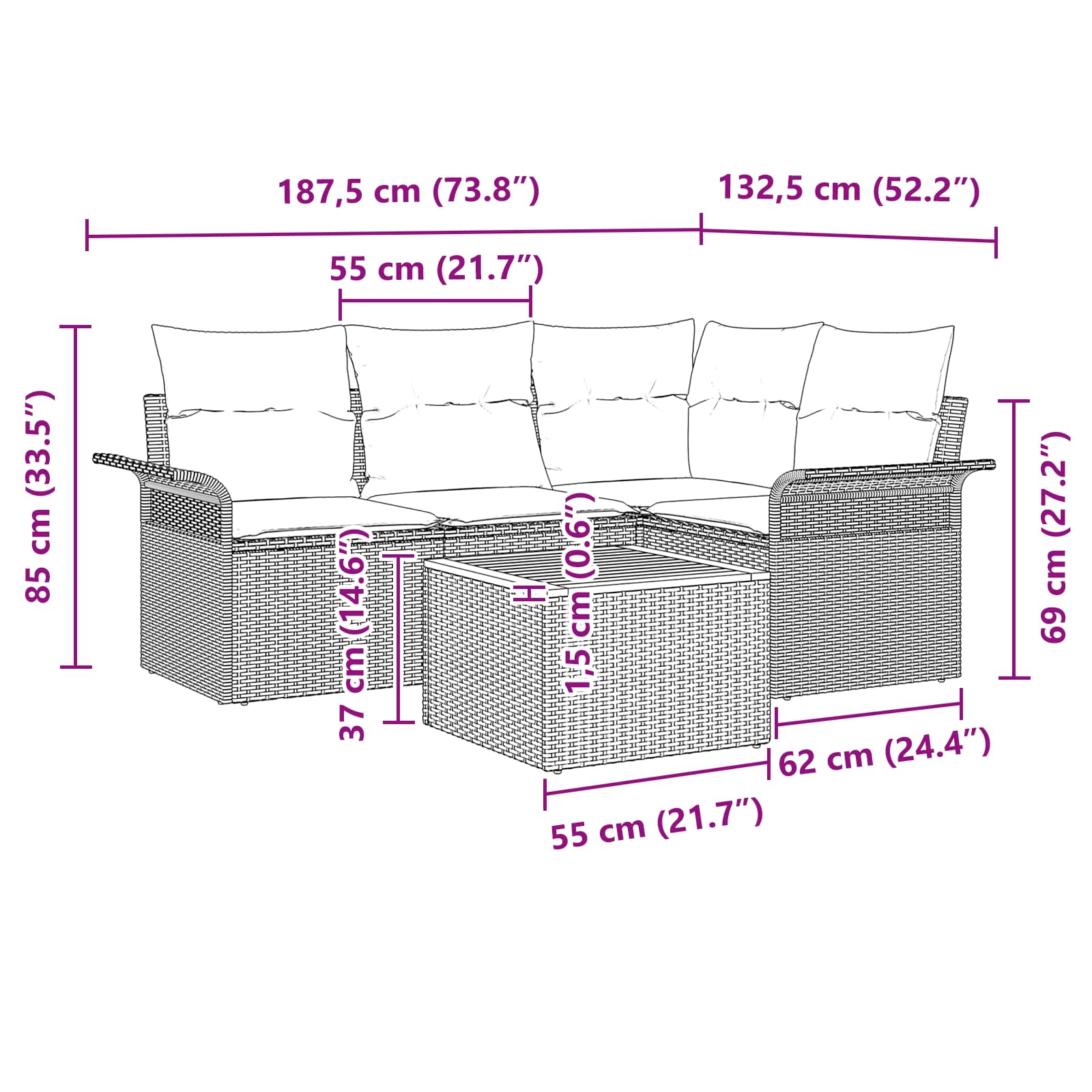 Set Divano da Giardino con cuscino 5 pcs Nero polyrattan | homemem39