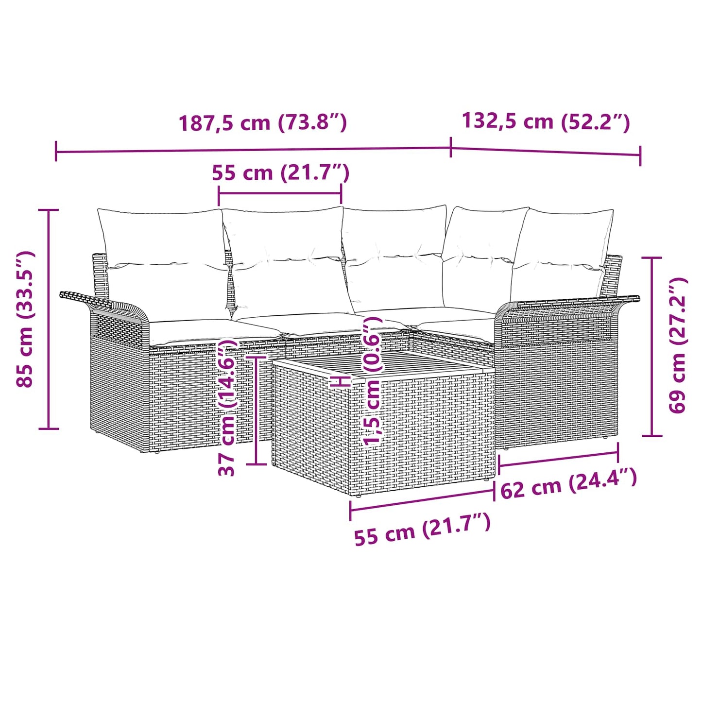 Set Divano da Giardino con cuscino 5 pcs Nero polyrattan