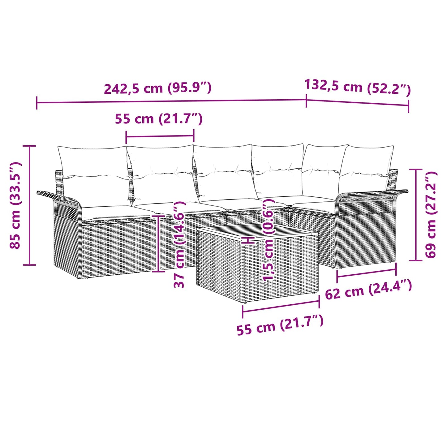 Set Divano da Giardino con cuscino 6 pcs Nero polyrattan | homemem39