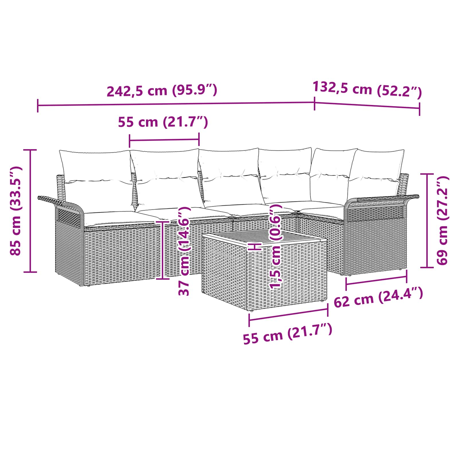 Set Divano da Giardino con cuscino 6 pcs Nero polyrattan | homemem39