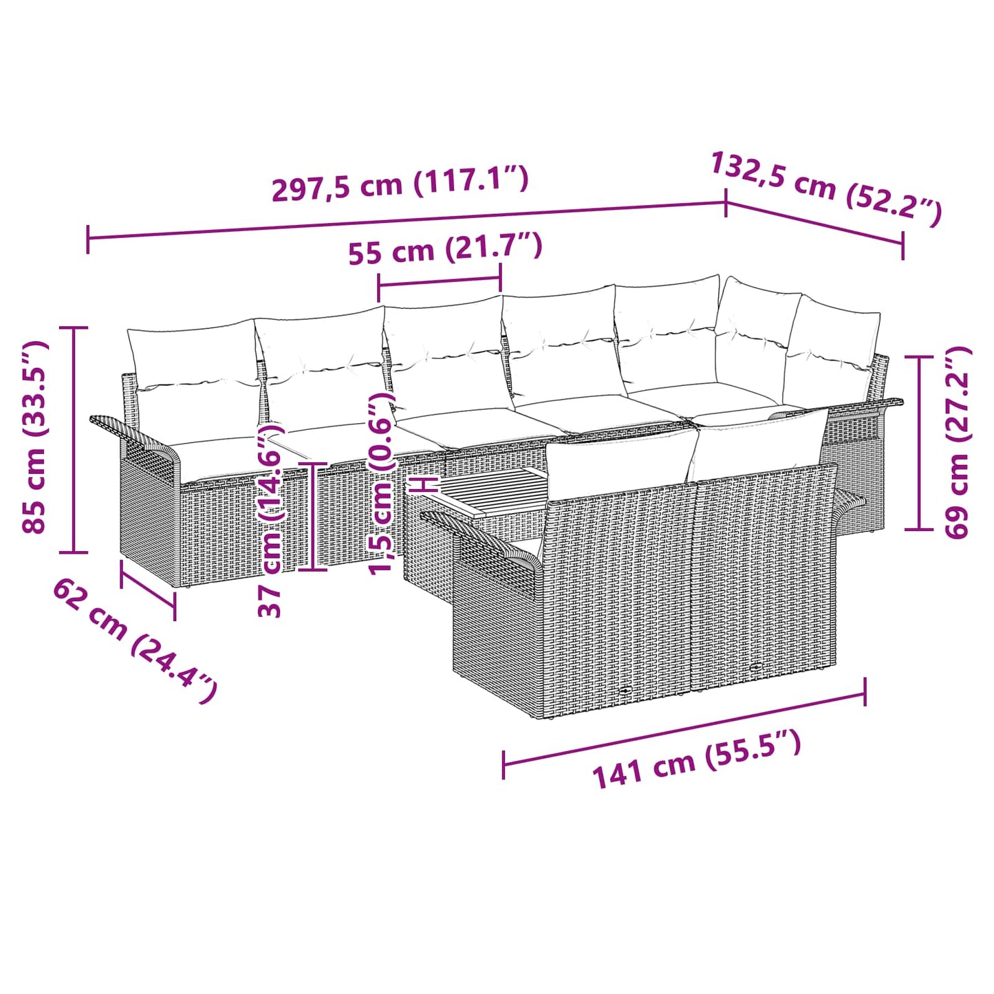 Set Divano da Giardino con cuscino 9 pcs Grigio polyrattan | homemem39