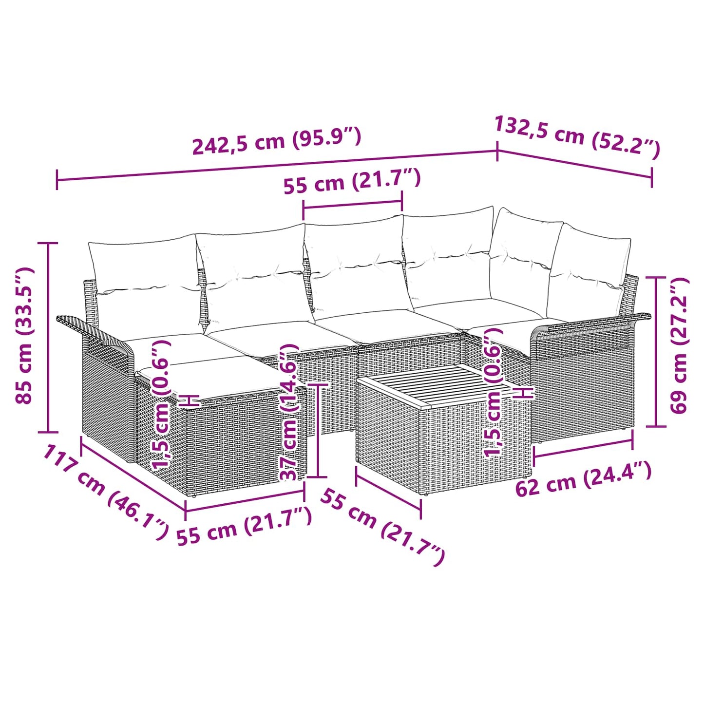 Set Divano da Giardino con cuscino 7 pcs Nero polyrattan