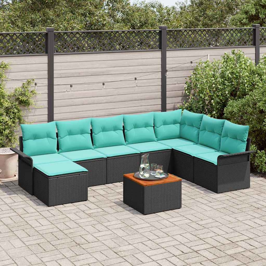 Set Divano da Giardino con cuscino 9 pcs Nero polyrattan | homemem39