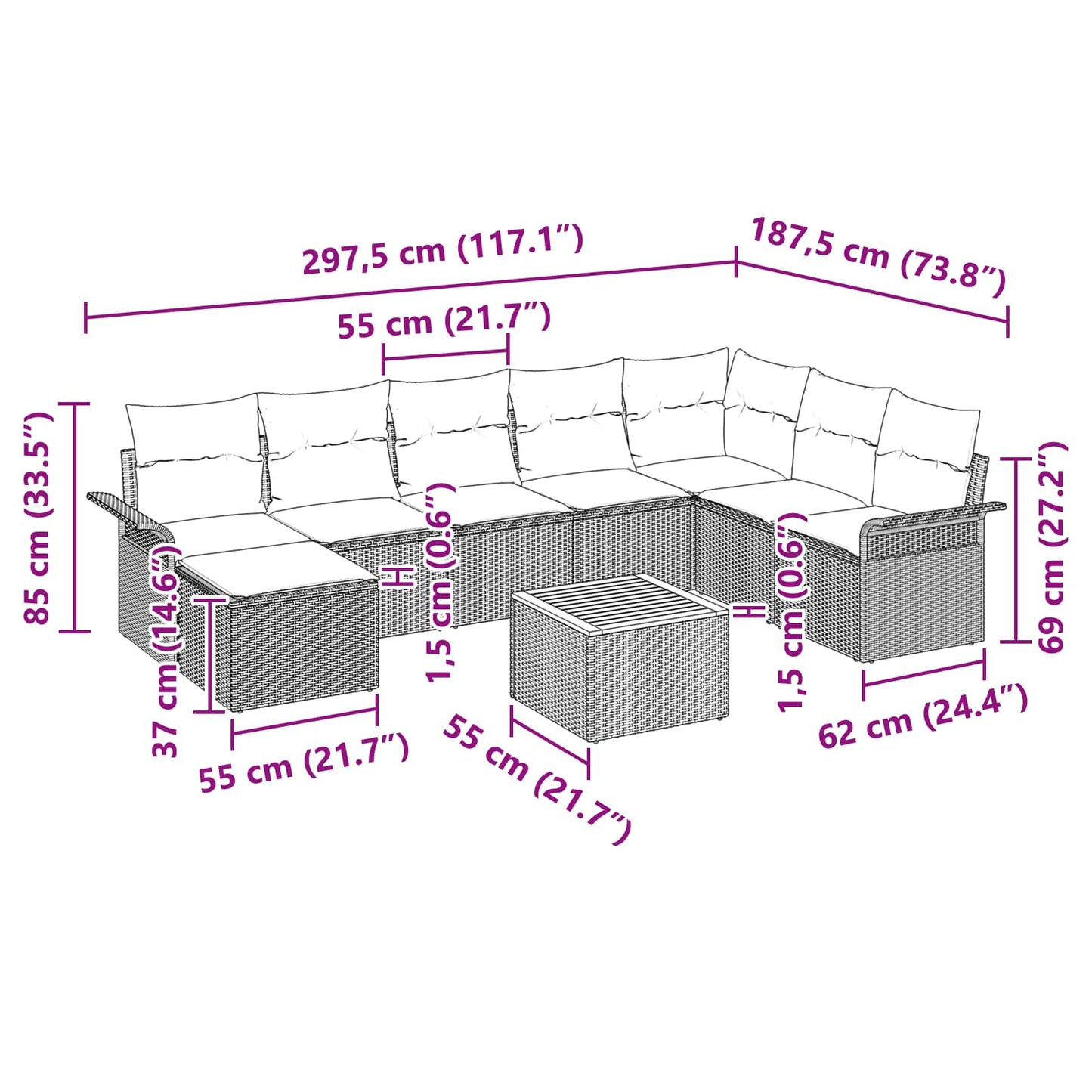 Set Divano da Giardino con cuscino 9 pcs Nero polyrattan