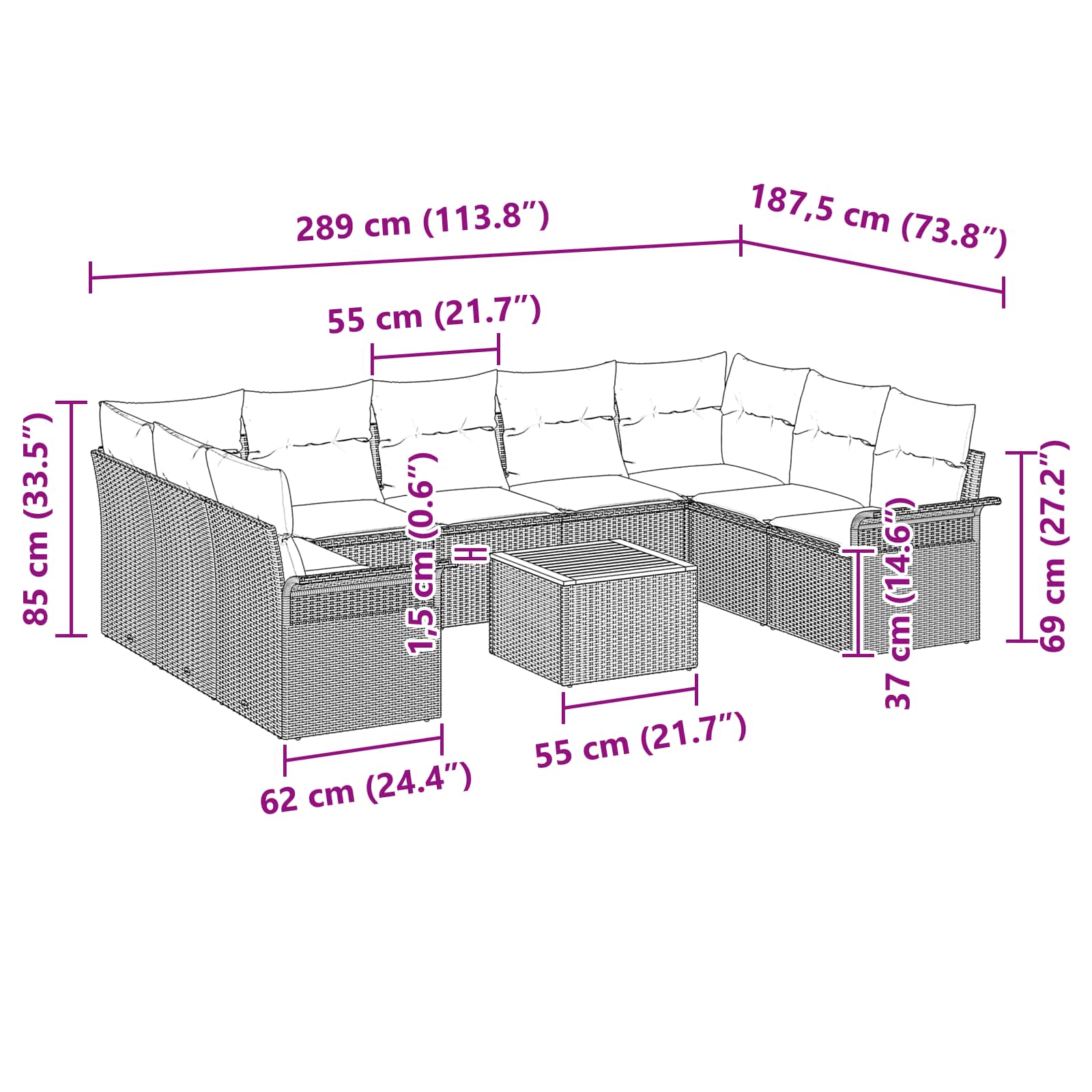 Set Divano da Giardino con cuscino 10 pcs Nero polyrattan | homemem39