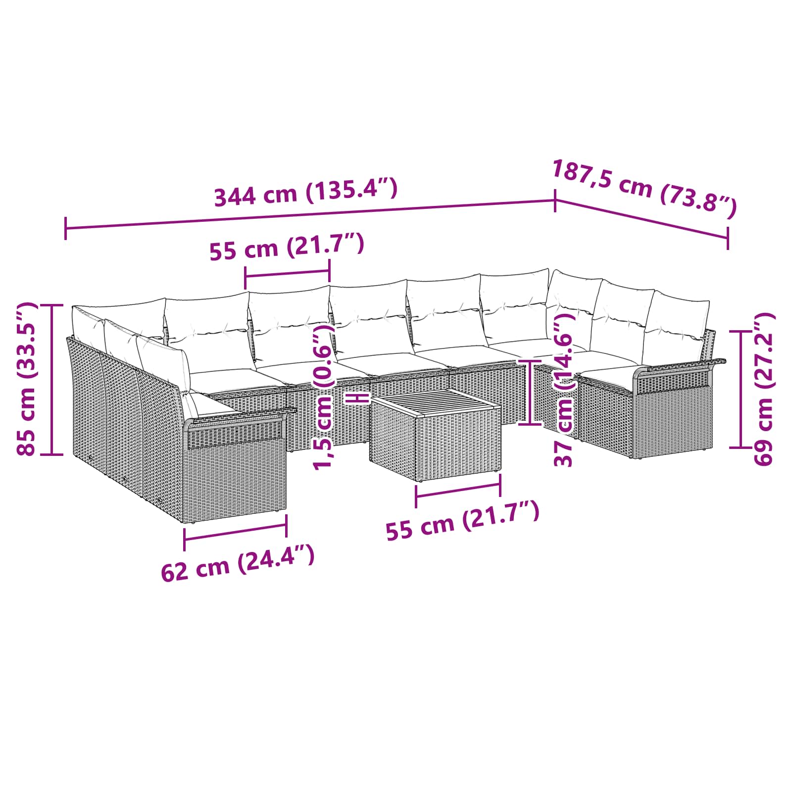 Set Divano da Giardino con cuscino 11 pcs Grigio polyrattan | homemem39