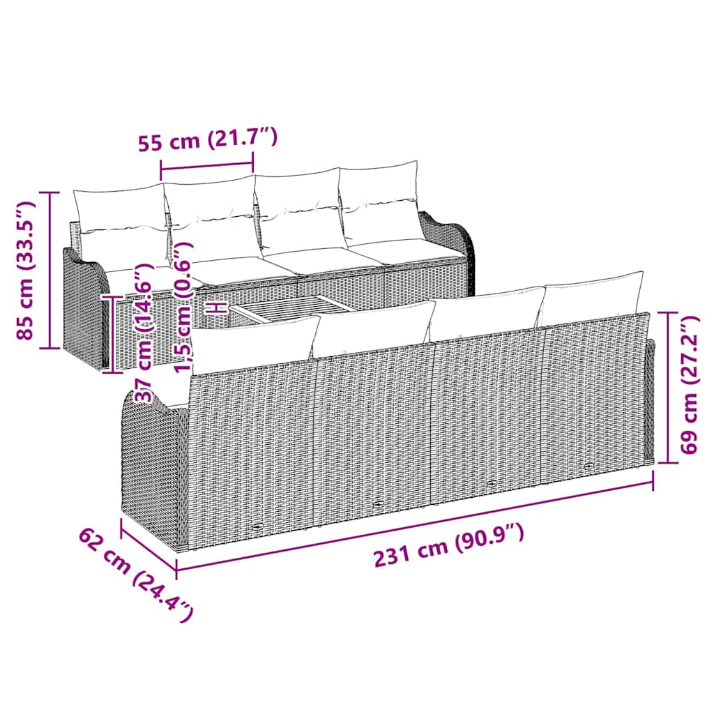 Set Divano da Giardino con cuscino 9 pcs Nero polyrattan | homemem39