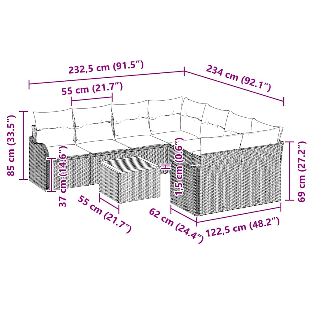 Set Divano da Giardino con cuscino 9 pcs Nero polyrattan | homemem39