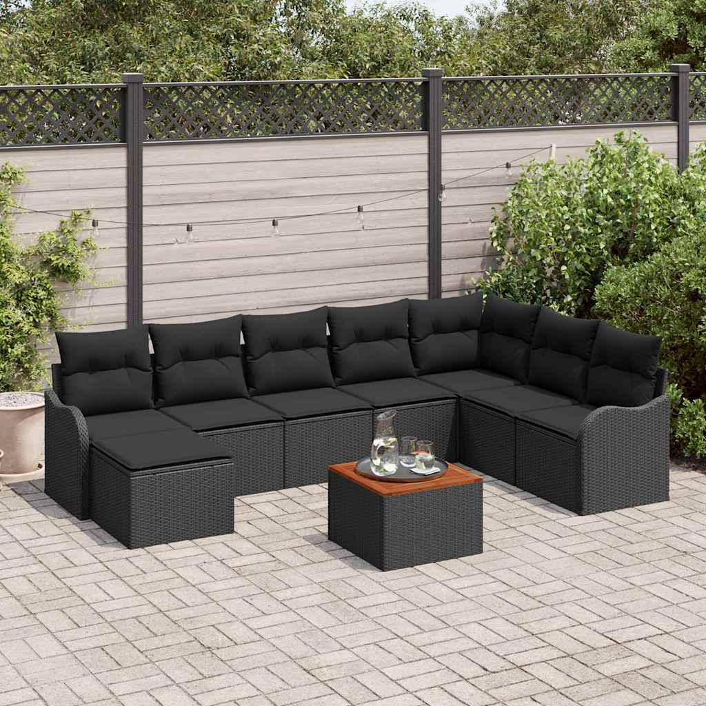 Set Divano da Giardino con cuscino 9 pcs Nero polyrattan | homemem39
