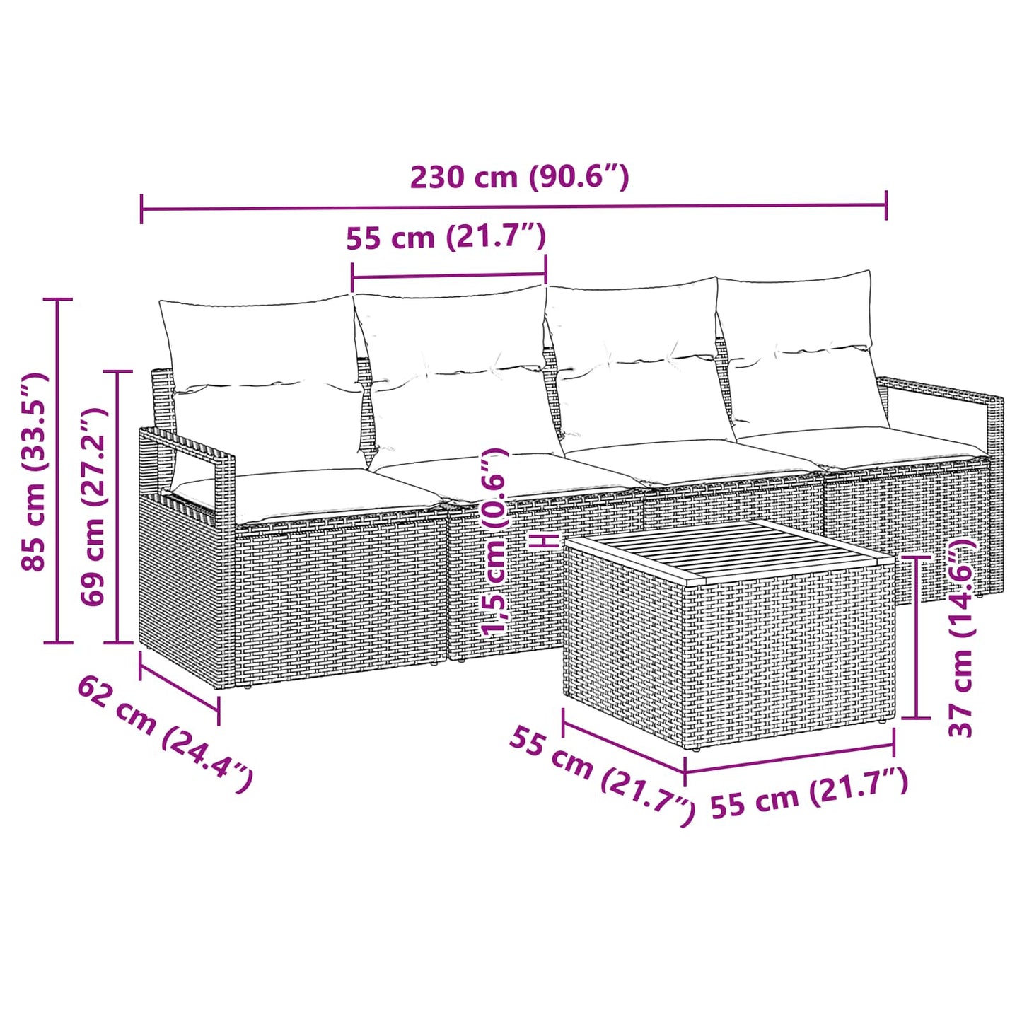 Set Divano da Giardino con cuscino 5 pcs Grigio polyrattan | homemem39
