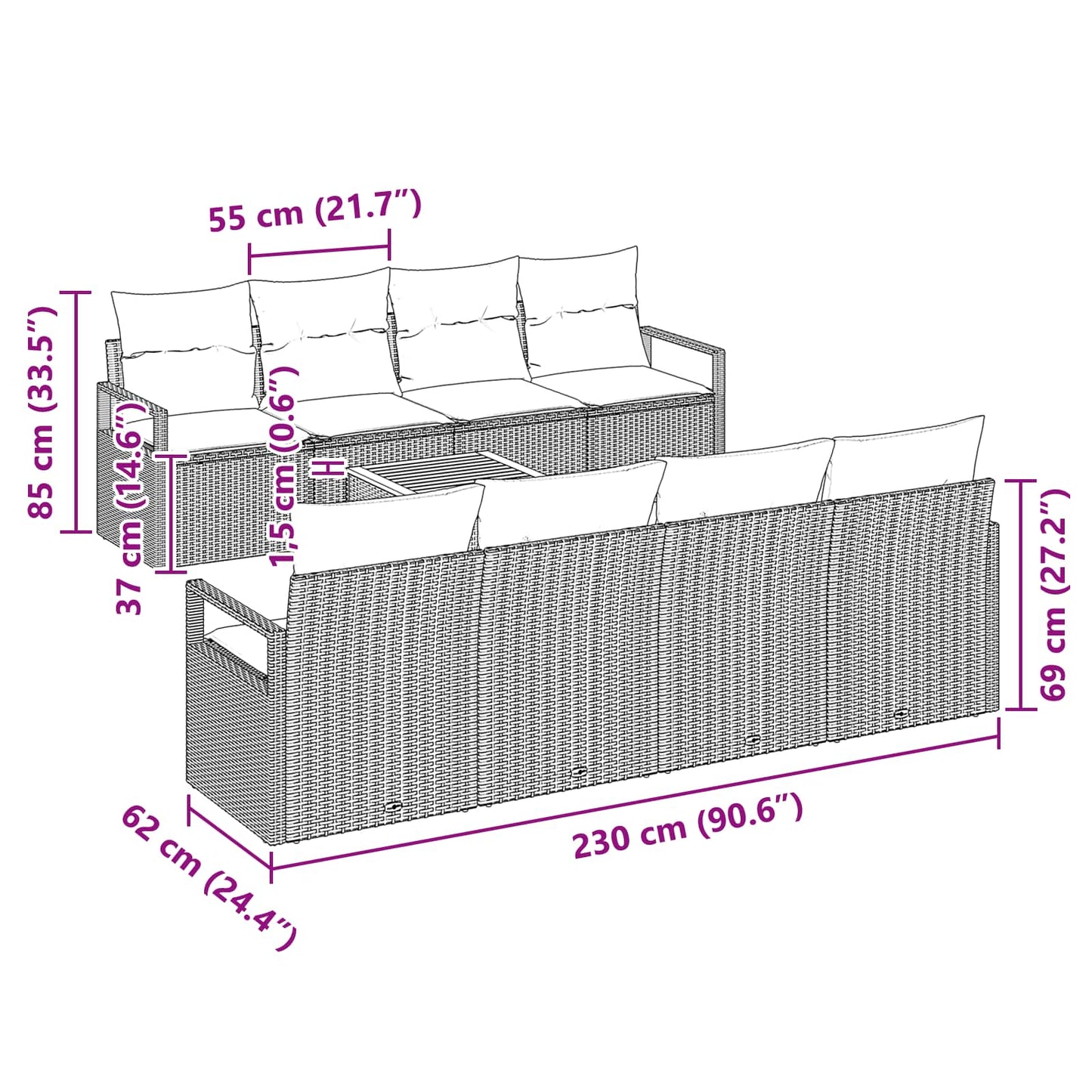 Set Divano da Giardino con cuscino 9 pcs Grigio polyrattan | homemem39