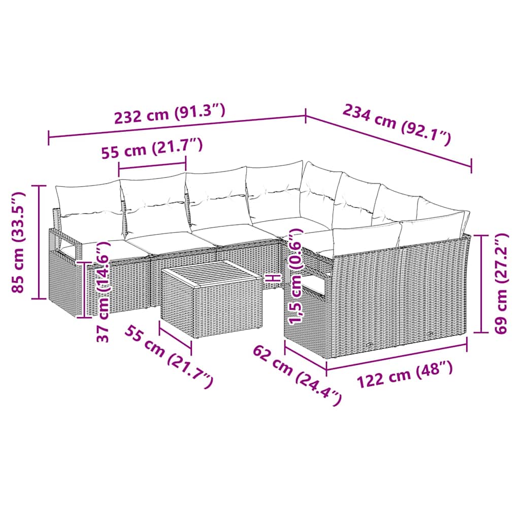 Set Divano da Giardino con cuscino 9 pcs Beige polyrattan | homemem39