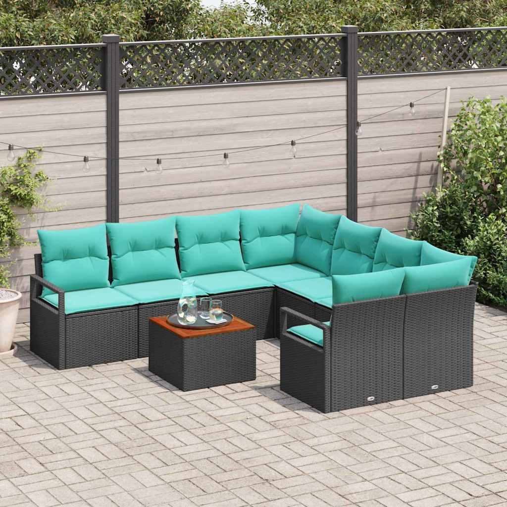 Set Divano da Giardino con cuscino 9 pcs Nero polyrattan