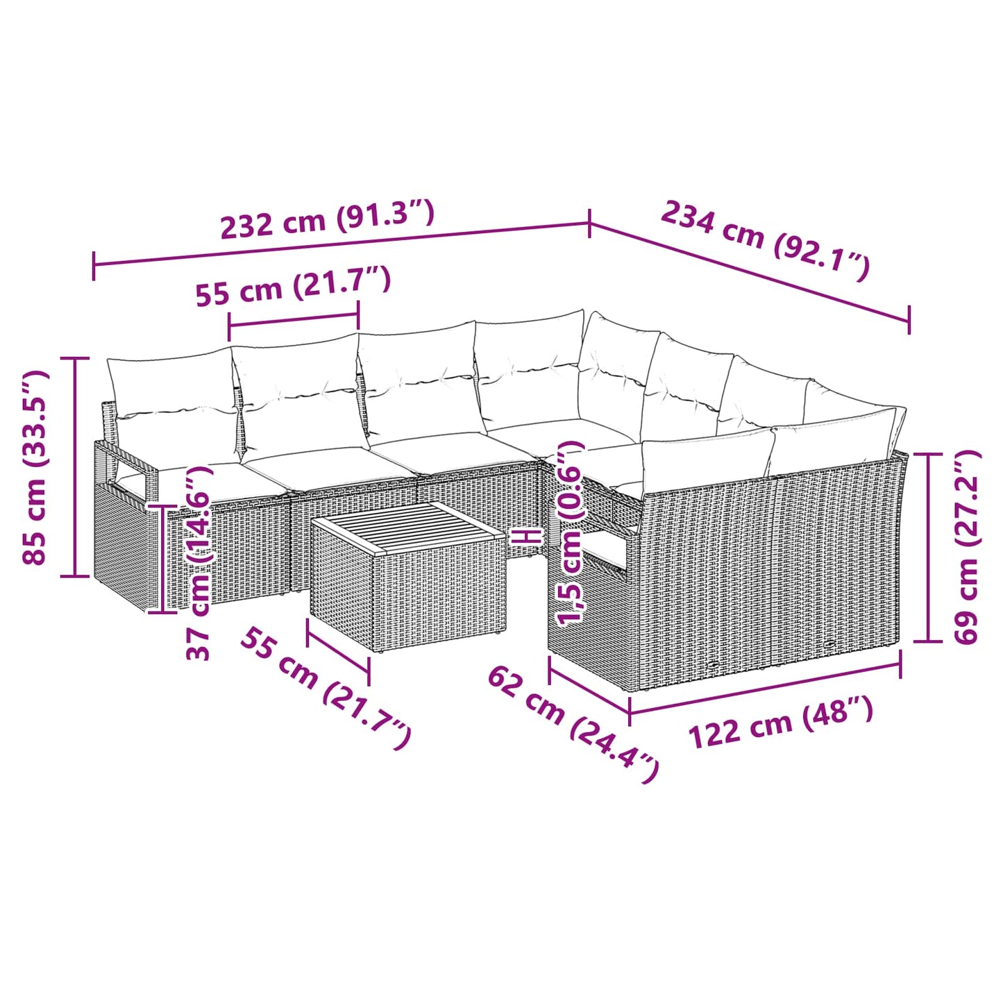 Set Divano da Giardino con cuscino 9 pcs Nero polyrattan | homemem39