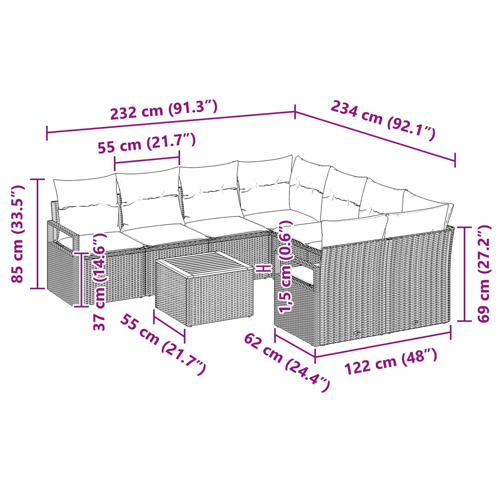 Set Divano da Giardino con cuscino 9 pcs Nero polyrattan | homemem39