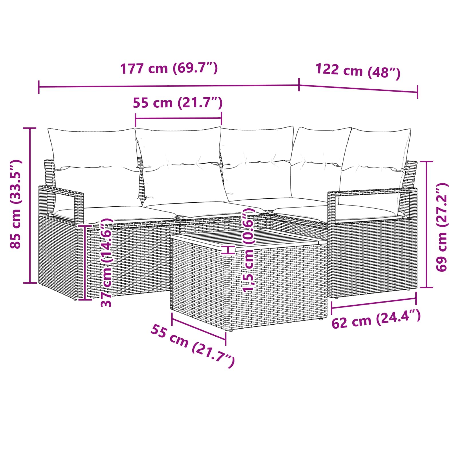 Set Divano da Giardino con cuscino 5 pcs Grigio polyrattan | homemem39